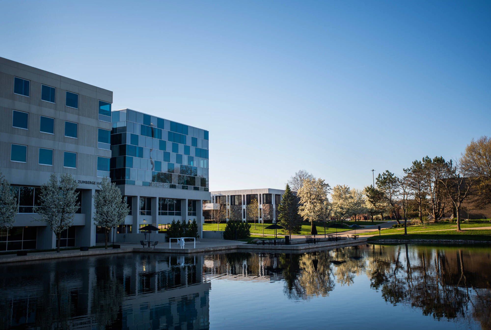 View of Zumberge Hall, Lake Superior Hall, and the Zumberge Pond